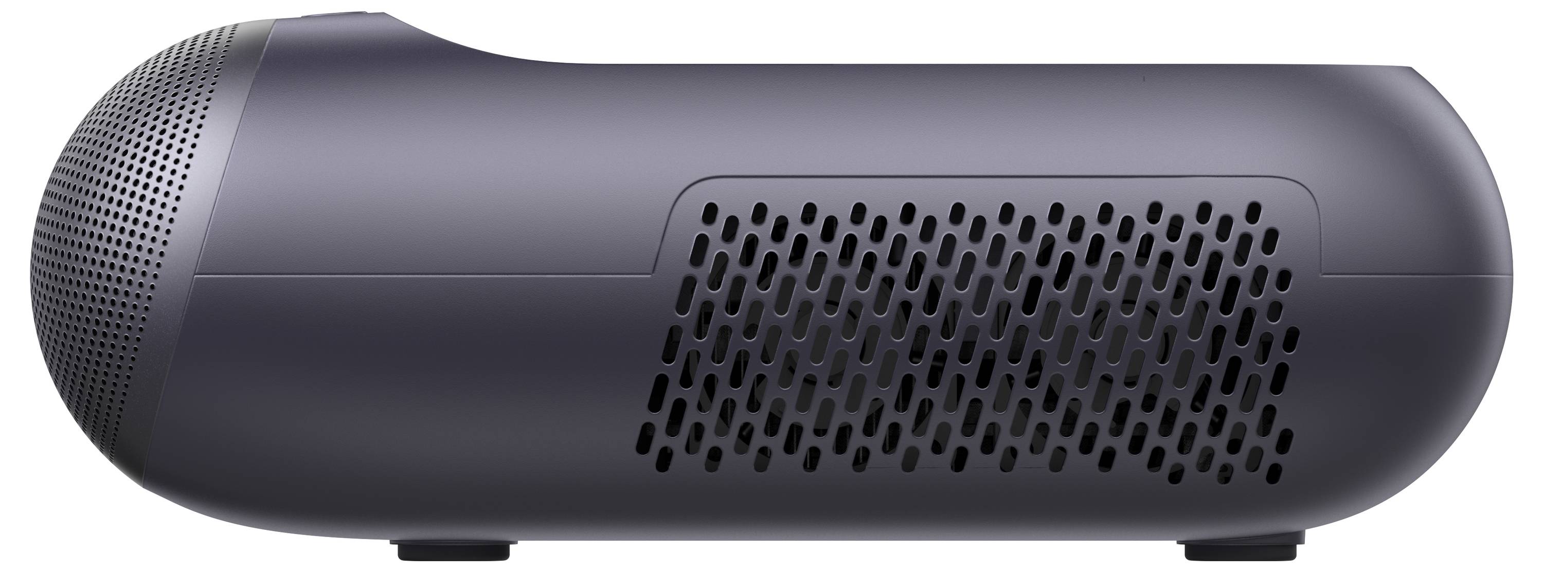 Un haut-parleur élégant, noir, sphérique, avec des détails perforés et une grille évidée, vu de côté.