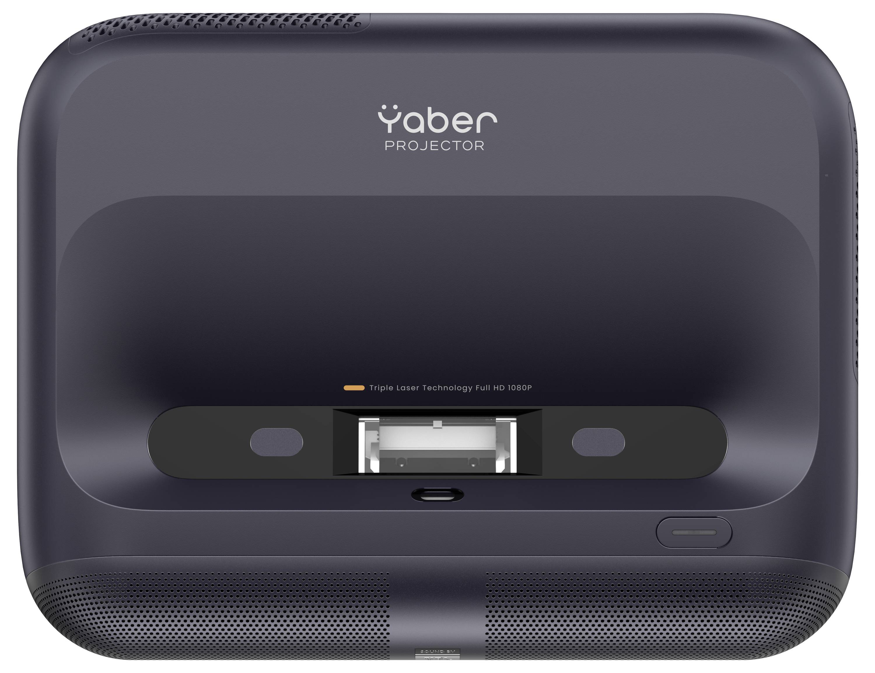 Vue de dessus d'un projecteur montrant l'objectif et les boutons de commande, portant la marque « Yaber ».