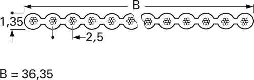 'Motif décoratif ondulé avec des éléments floraux. Mesure horizontale marquée à 36,35 unités, verticale à 1,35 unités, et espacement de 2,5 unités.'