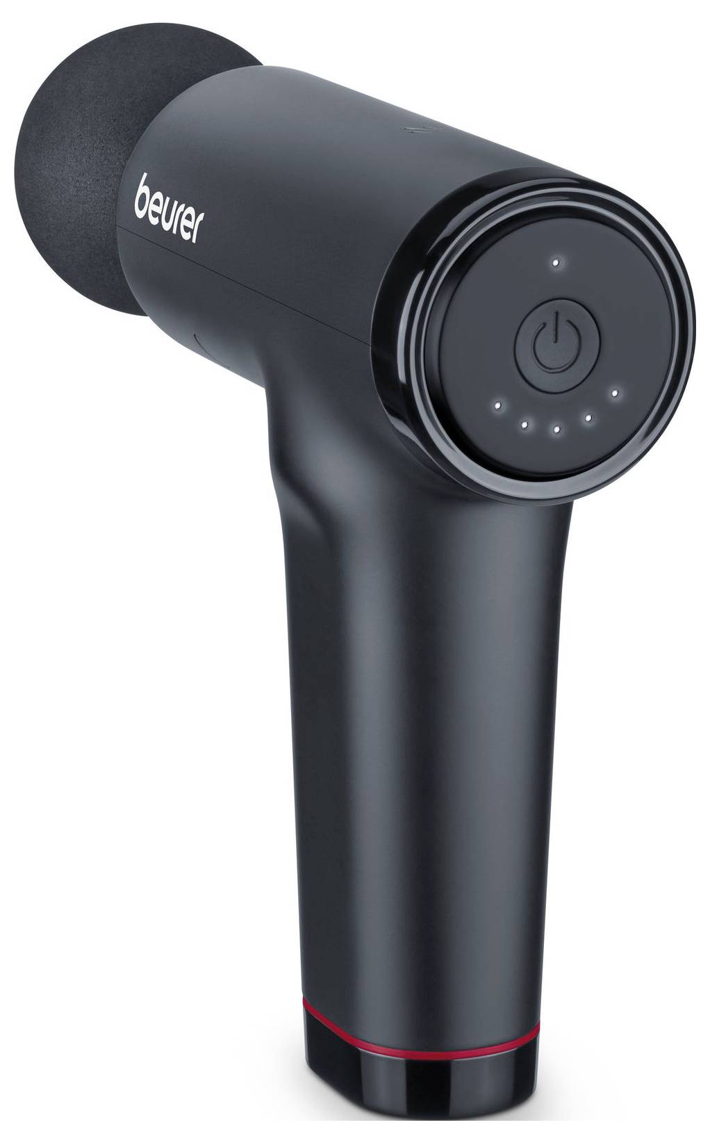 Un pistolet de massage noir portable, portant le nom de la marque, avec des boutons de contrôle et des voyants d'alimentation sur sa partie supérieure.