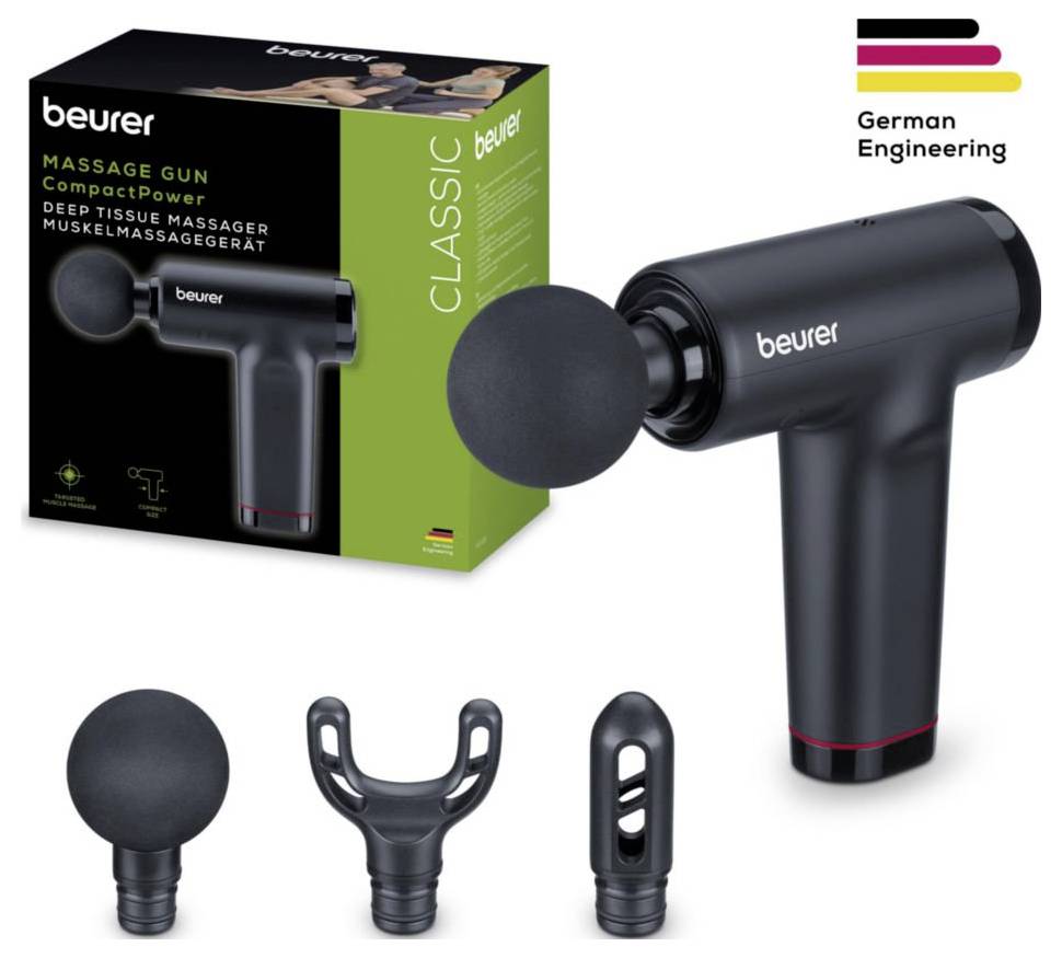Un pistolet de massage deep tissue avec plusieurs embouts et son emballage. Étiqueté 'Beurer Massage Gun CompactPower'. Ingénierie allemande.