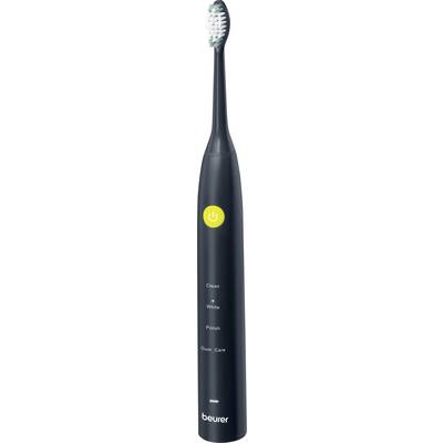Brosse à dents électrique en noir avec un bouton marche/arrêt et quatre modes de nettoyage : Nettoyage, Blanchiment, Polissage et Soin des gencives. Marque : Beurer.