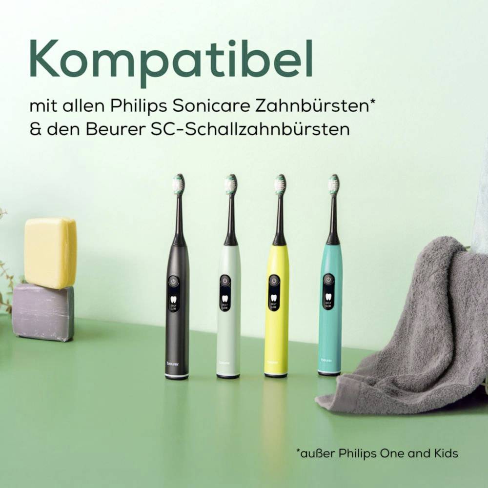 Compatible avec toutes les brosses à dents électriques Philips Sonicare* et les brosses à dents soniques Beurer SC.' Image montre cinq brosses à dents électriques sur un fond vert.