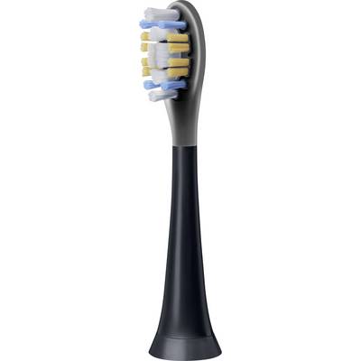 Une tête de brosse à dents avec base noire et poils multicolores, comprenant des sections blanches, bleues et jaunes, adaptée à l'hygiène bucco-dentaire.