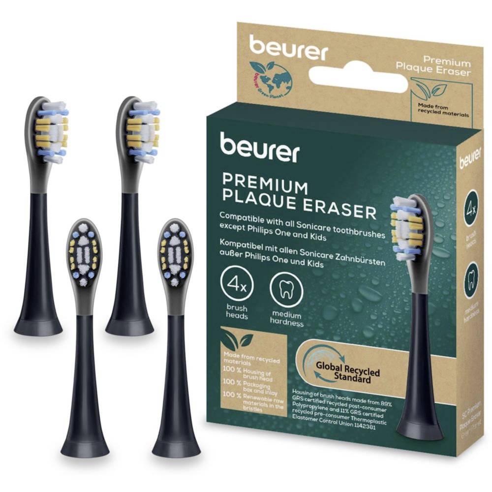 Têtes de brosse à dents 'beurer Premium Plaque Eraser' en lot de quatre têtes de rechange. Compatible avec Sonicare, à l'exception des modèles Philips One et Kids.