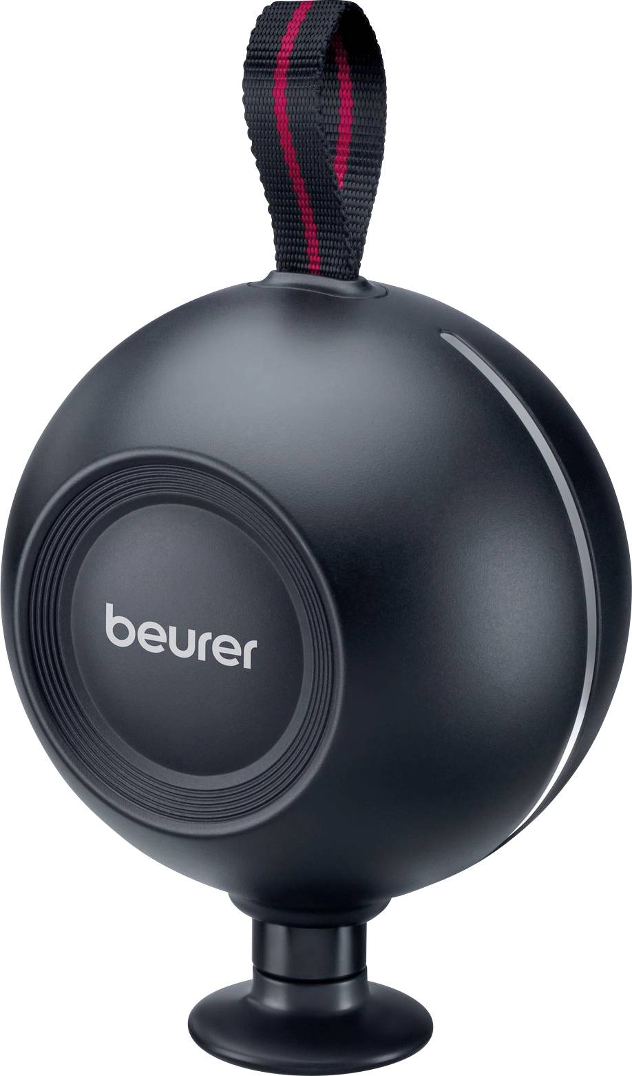 Un appareil de massage noir et sphérique portant la marque « beurer » imprimée dessus, muni d'une boucle noire rayée de rouge permettant de le suspendre.