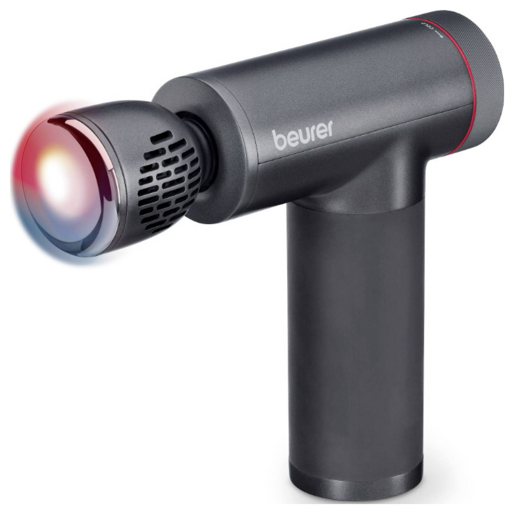 Un pistolet de massage portable doté d'un embout arrondi, affichant une lumière rouge, conçu pour la relaxation musculaire et la thérapie.