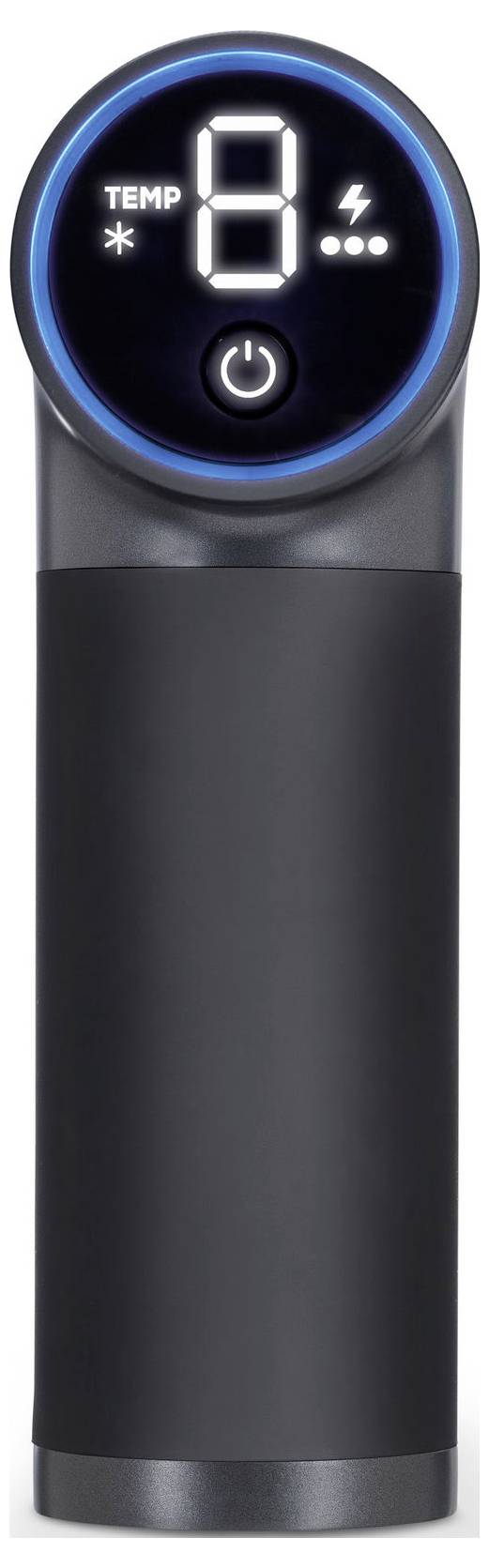 Un appareil électronique cylindrique noir élégant doté d'un affichage numérique indiquant « TEMP 8 », d'un bouton marche/arrêt et d'icônes représentant ses fonctionnalités.