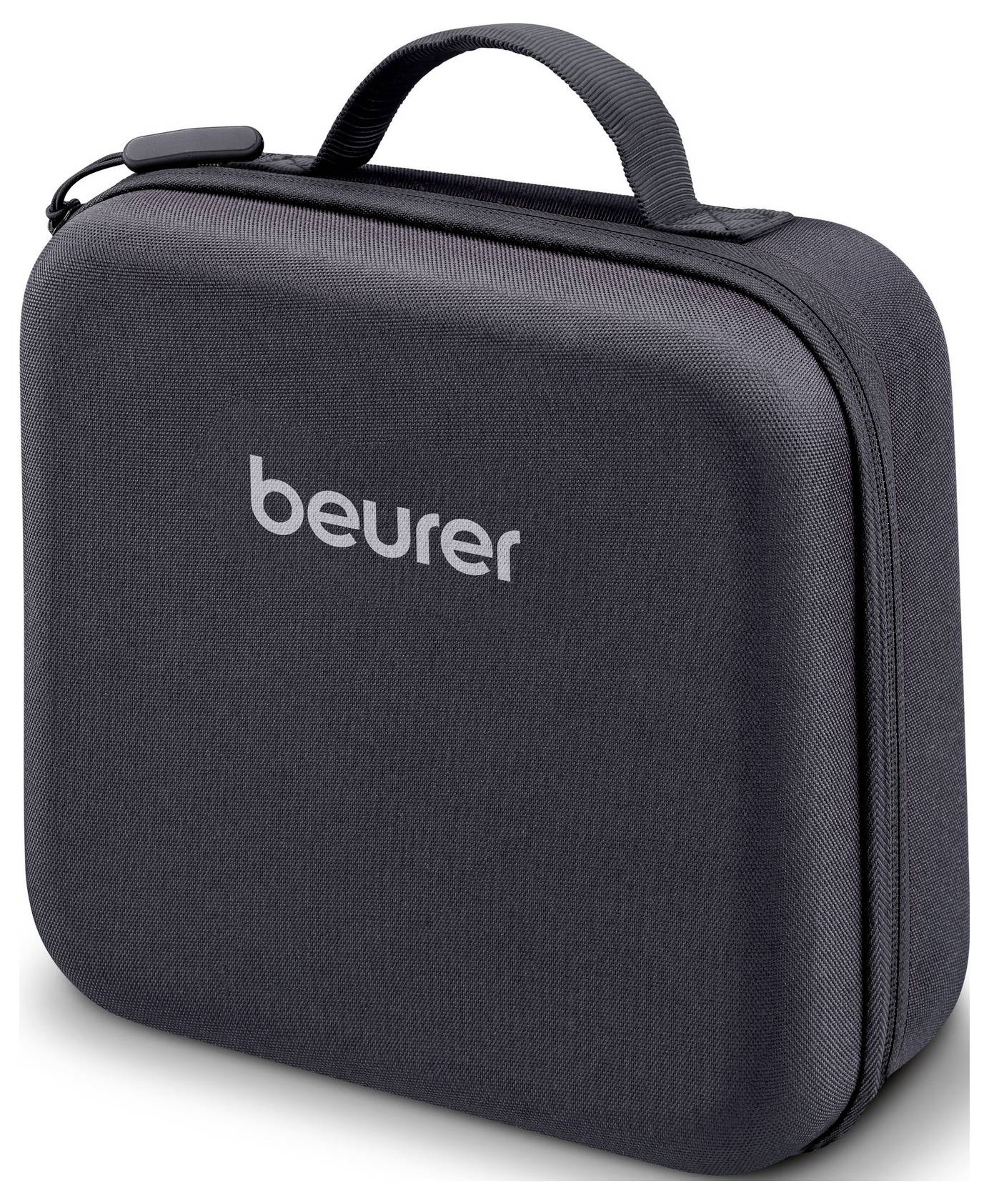 Un étui de transport noir à fermeture éclair, muni d'une poignée, portant le logo "beurer" sur l'avant.