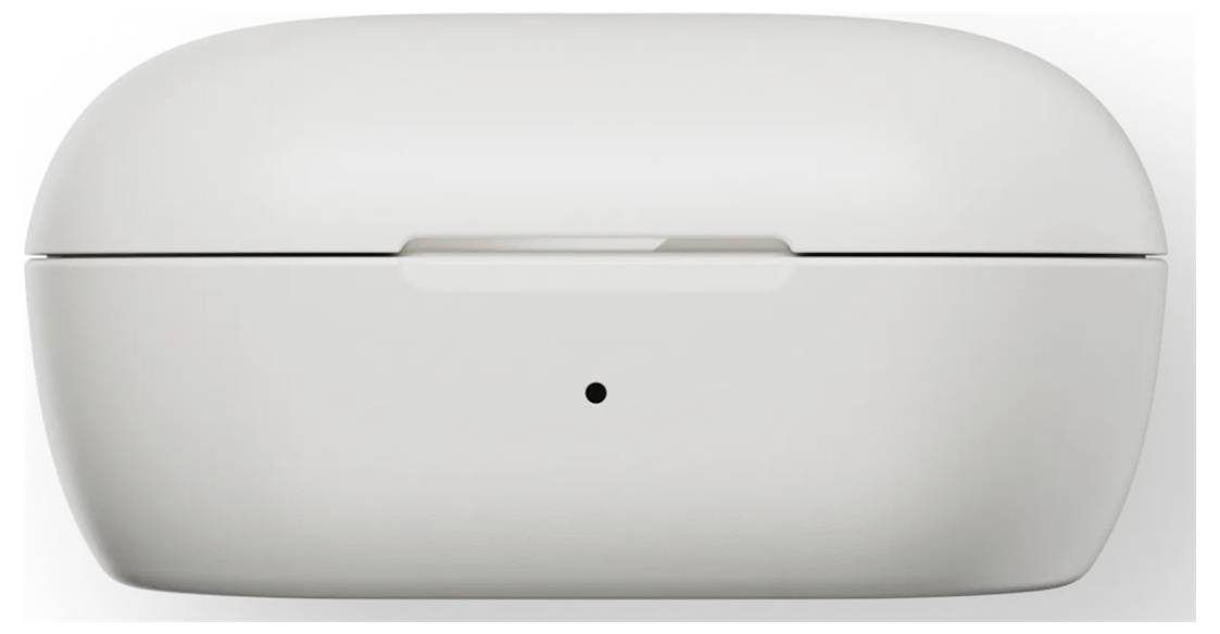 Boîtier de charge ovale blanc avec un petit indicateur LED à l'avant.