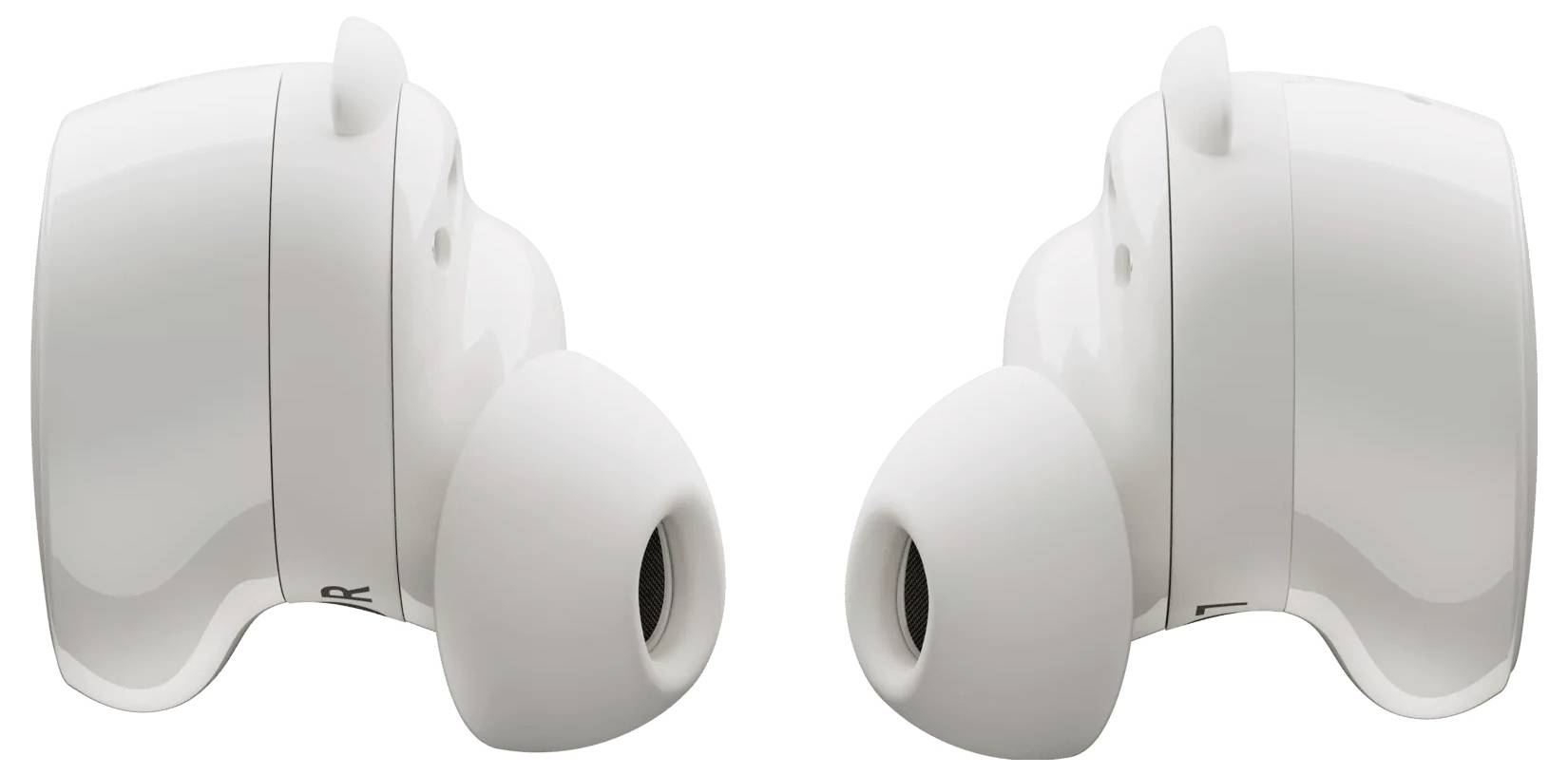 Deux écouteurs sans fil blancs sont face à face. Ils présentent des designs lisses et arrondis avec des embouts en silicone, adaptés à l'écoute intra-auriculaire.
