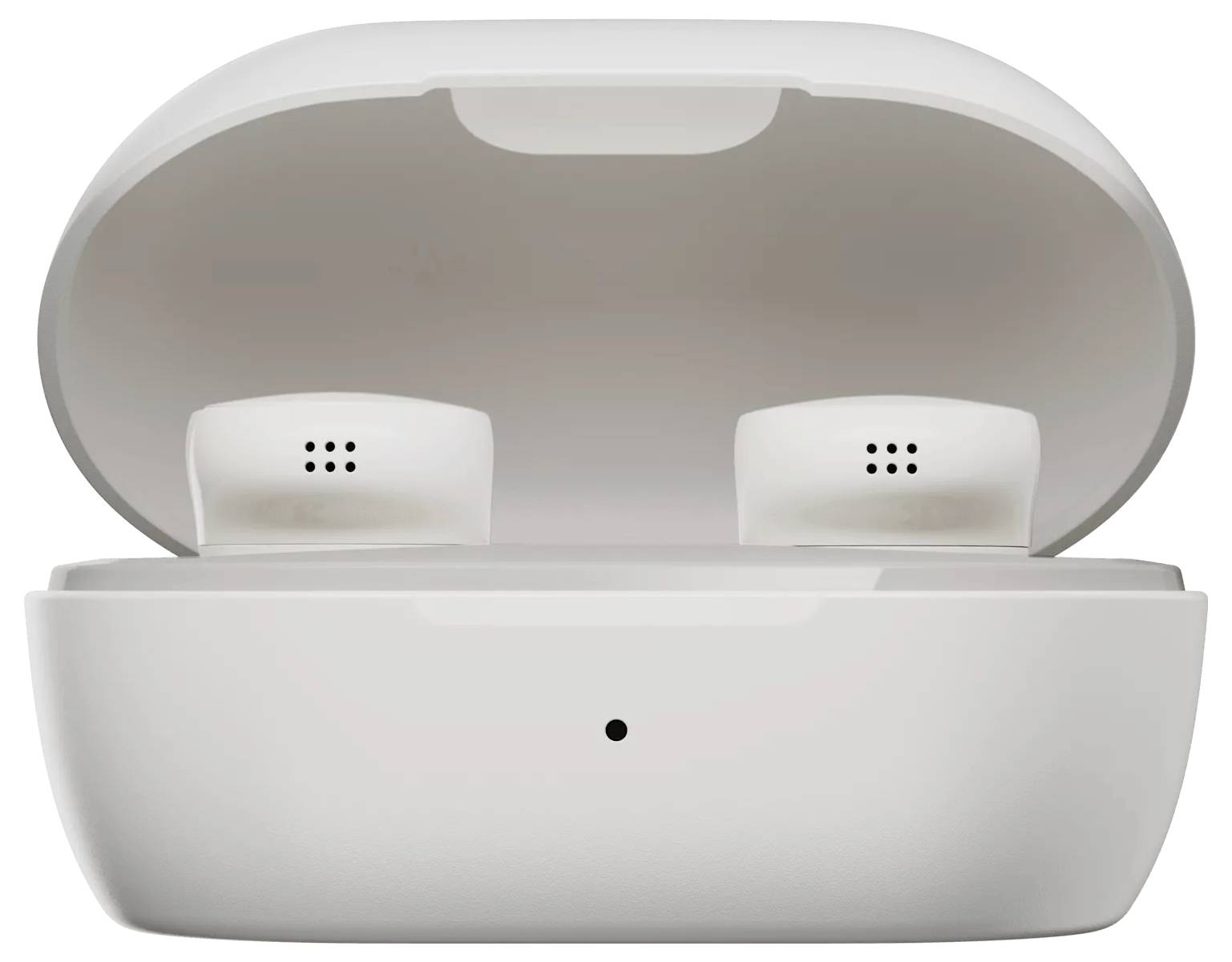 Boîtier de charge ouvert blanc contenant des écouteurs sans fil, avec un petit point noir sur l'avant indiquant un témoin de charge ou un capteur.