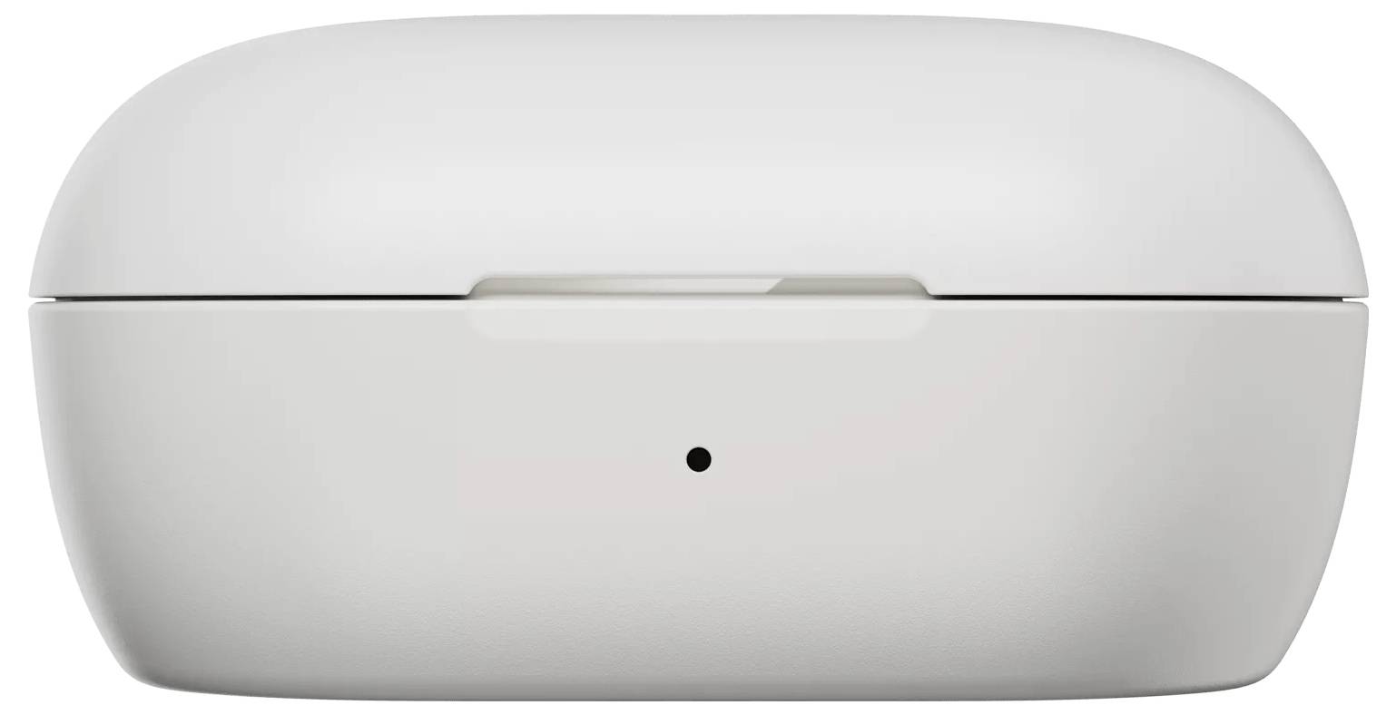 Un étui de chargement pour écouteurs sans fil blanc élégant avec le couvercle fermé, doté d'un petit indicateur LED à l'avant.