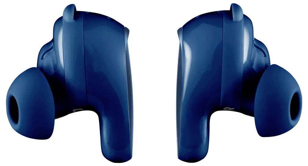 Écouteurs sans fil bleus, face à face.