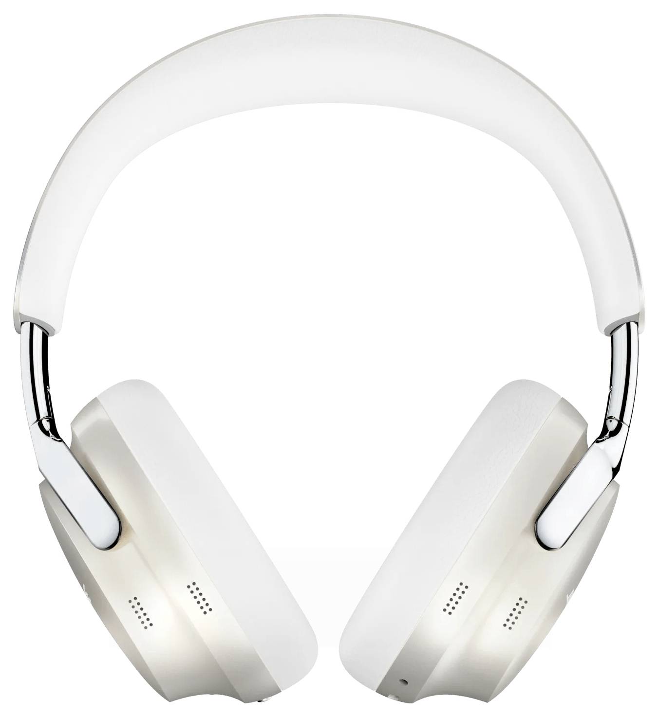 Casque sans fil blanc, avec écouteurs circumauraux, coussinets d'oreille rembourrés et accents métalliques élégants, présenté de face sur un fond blanc.