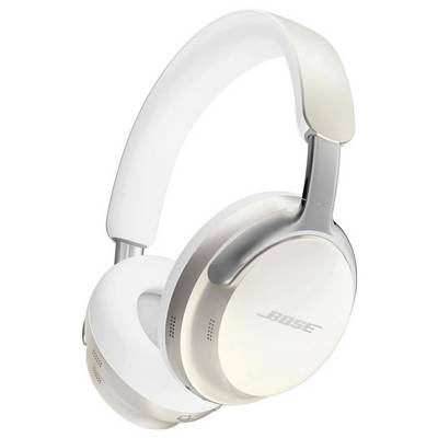 Casque Bose supra-auriculaire blanc et argenté, présentant un design élégant avec un coussin doux, vu sous un angle légèrement incliné.