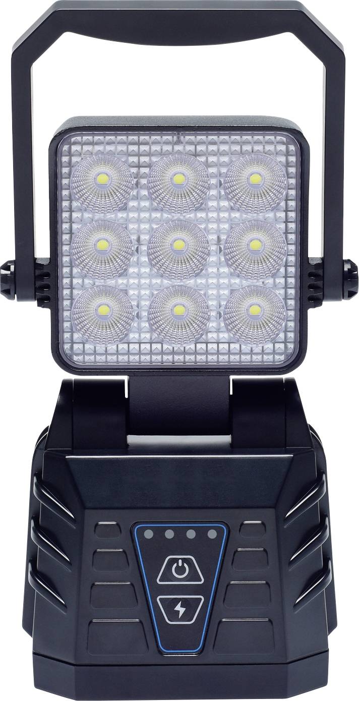 « Projecteur LED portable doté de huit ampoules LED lumineuses et d'un panneau de commande avec boutons de mise en marche et de réglage des modes, monté sur un socle noir. »