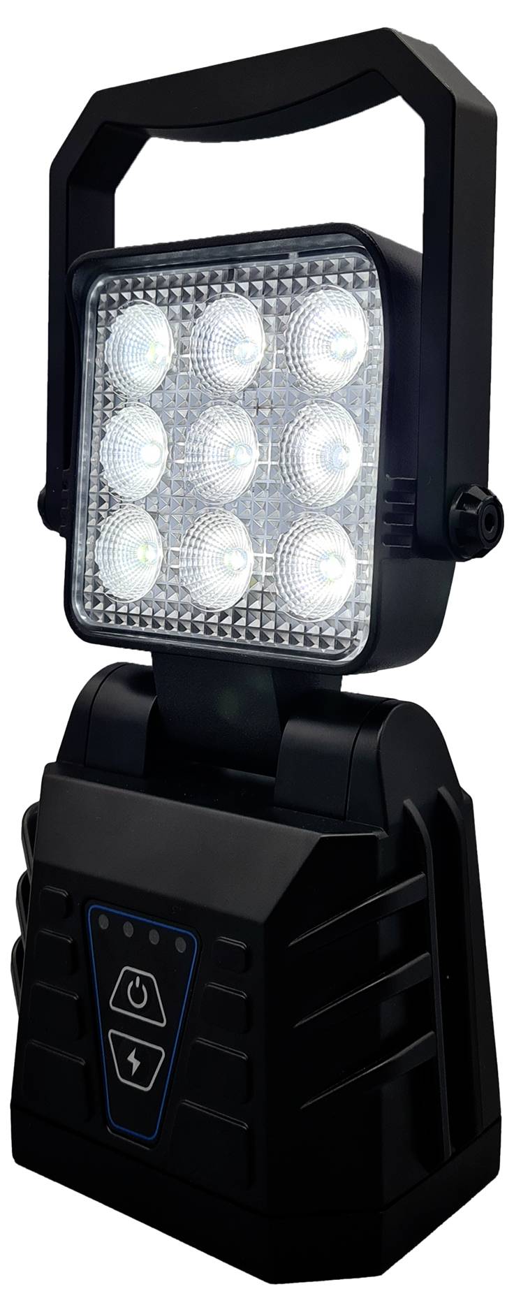 Un projecteur de travail portable à LED, doté d'une poignée, équipé de neuf ampoules LED disposées en grille 3x3, monté sur un socle robuste noir avec commandes.