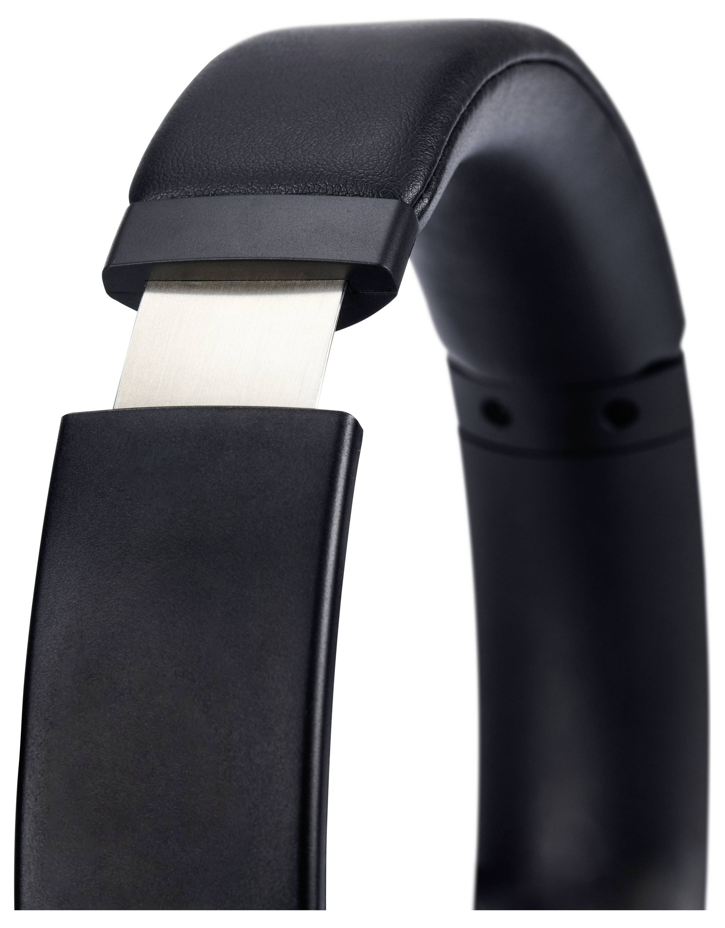 Vue rapprochée d'un casque audio noir circumauriculaire avec une bande réglable en métal, mettant en valeur son design épuré et les détails de ses coussinets d'oreille.