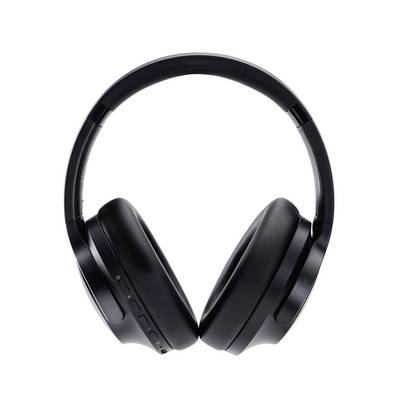 Casque sans fil noir avec coussinets d'oreille rembourrés et arceau réglable, présenté sur un fond blanc uni.