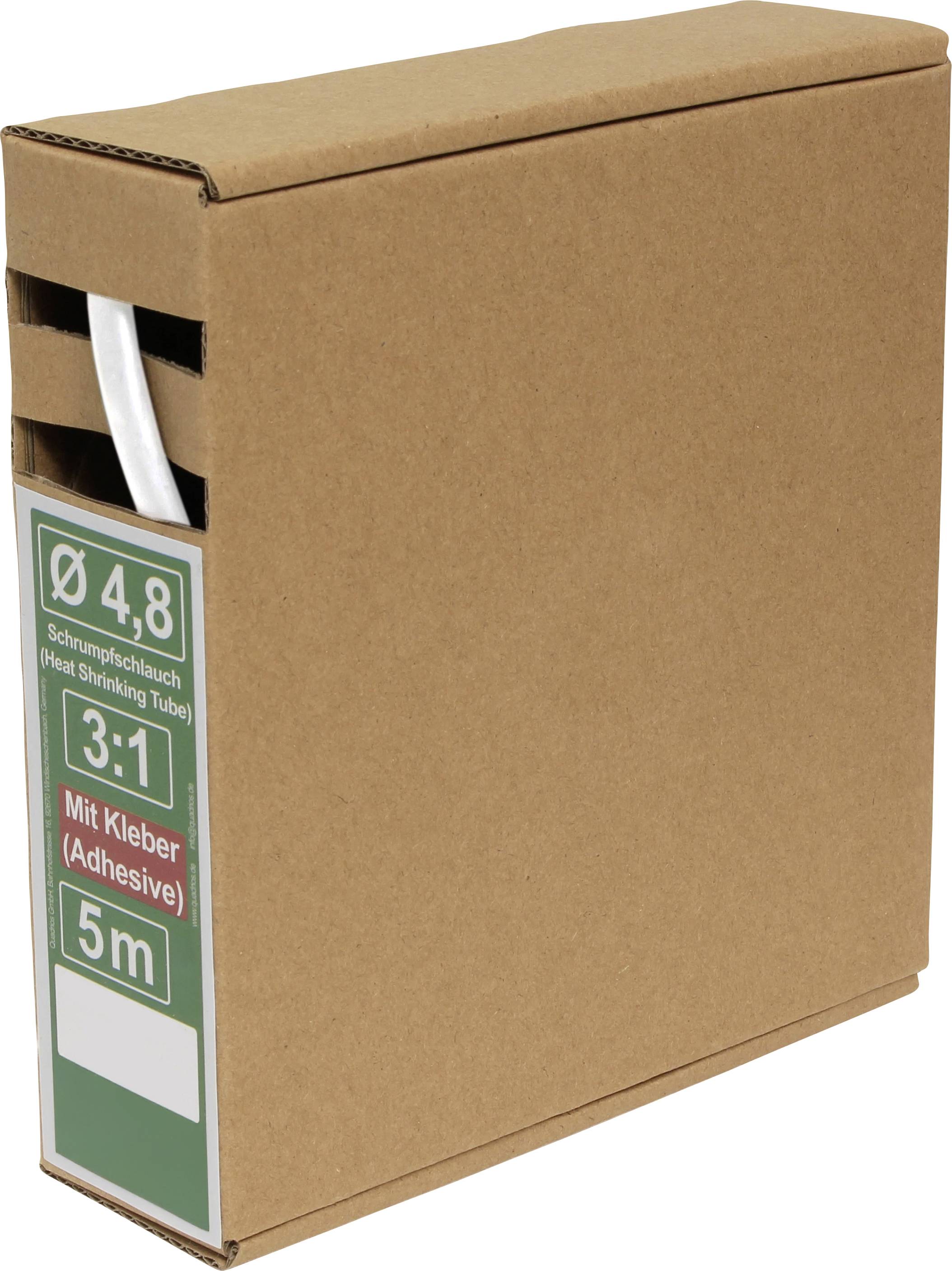 Un carton contenant un tube thermorétractable avec adhésif, étiqueté « Ø 4,8 » et « 3:1 », longueur « 5 m ».