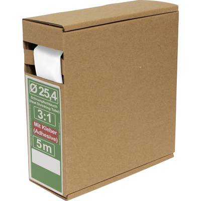 Boîte en carton marron avec une étiquette indiquant 'Ø 25,4, Gaine thermorétractable, 3:1, Avec adhésif, 5m.' Un tube blanc est partiellement visible à l'ouverture.