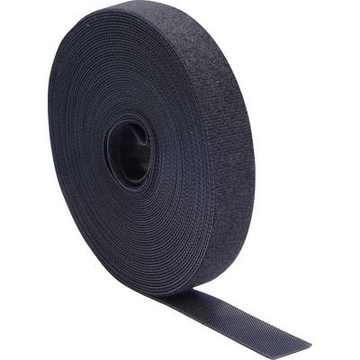 Un rouleau de ruban adhésif à crochets et boucles noir, partiellement déroulé, montrant sa surface texturée et son épaisseur.