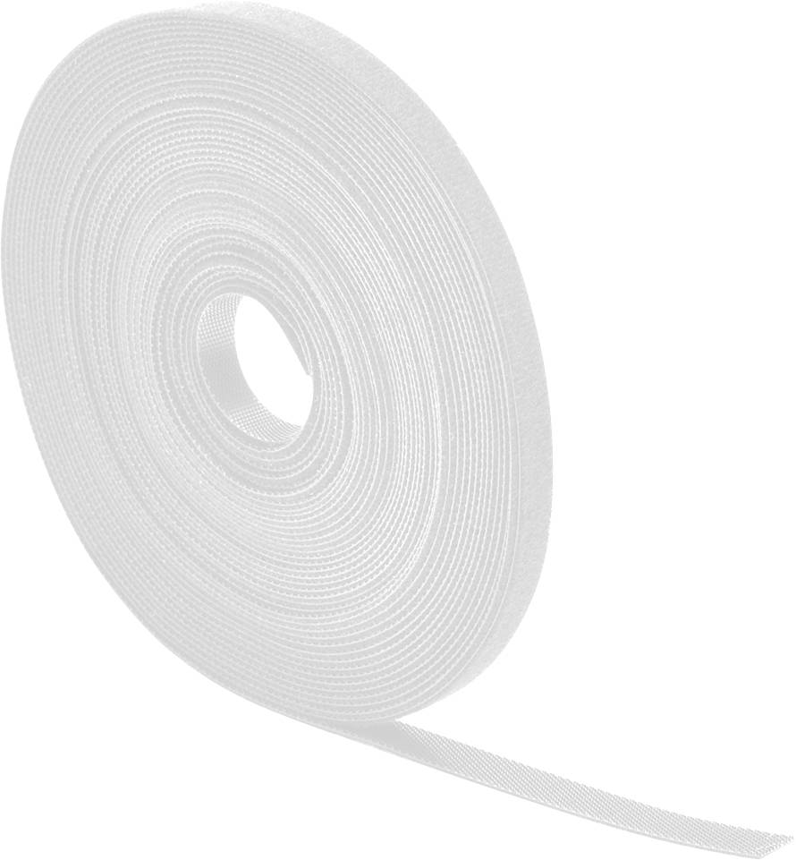 Un rouleau de ruban auto-agrippant blanc à la texture lisse. Le ruban est légèrement déroulé, révélant sa surface d'accrochage.