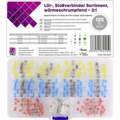 Assortiment de manchons thermorétractables de connexion soudés, présenté sur l'emballage avec un ensemble de connecteurs colorés dans un boîtier transparent.