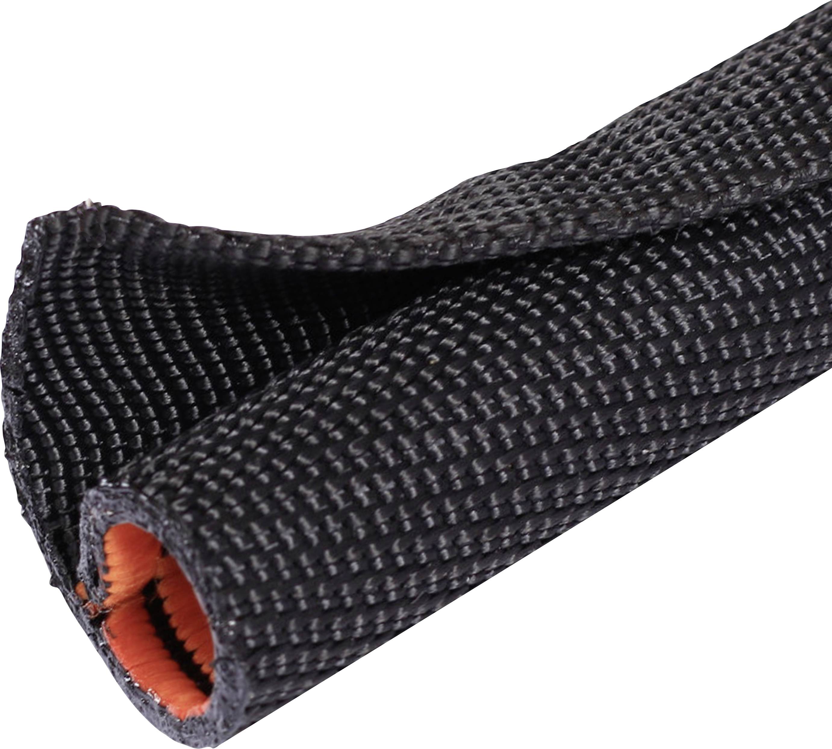 Un tissu roulé noir et orange à l'apparence texturée et tissée.