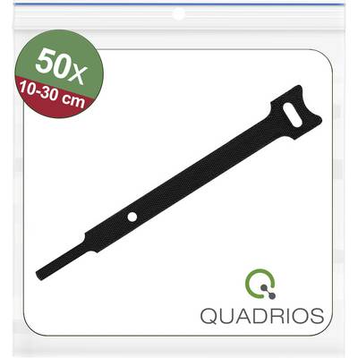 «Lot de 50 colliers de câblage noirs, de 10 à 30 cm, présentés sur l'emballage avec le logo Quadrios.»
