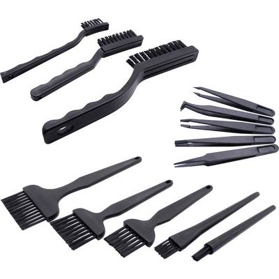 Un ensemble de brosses de nettoyage noires et de pinces de différentes tailles, utilisées pour des travaux de précision et l'entretien.