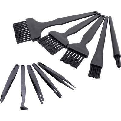 Un ensemble de huit outils de détail en noir comprenant trois brosses et cinq outils de précision, conçus pour le nettoyage ou les travaux artisanaux de précision.