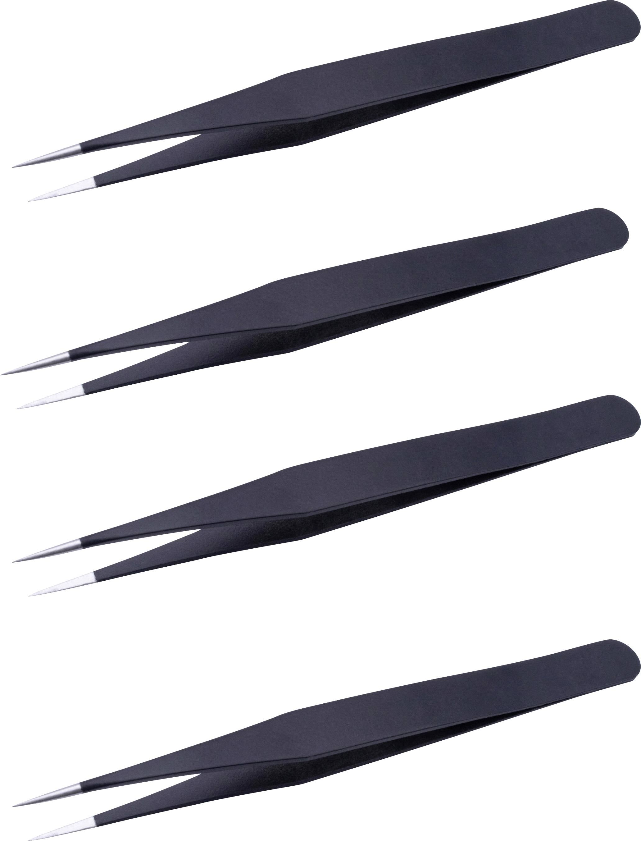 Quatre pinces de précision identiques en noir, disposées en diagonale, chacune dotée de pointes d'argent effilées.