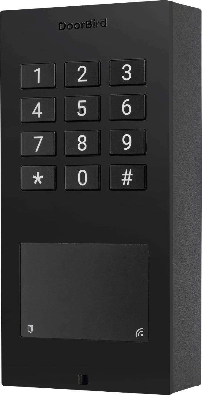 Clavier 'DoorBird' pour un contrôle d'accès sécurisé, doté de touches numériques et de symboles sur un panneau noir élégant et vertical.