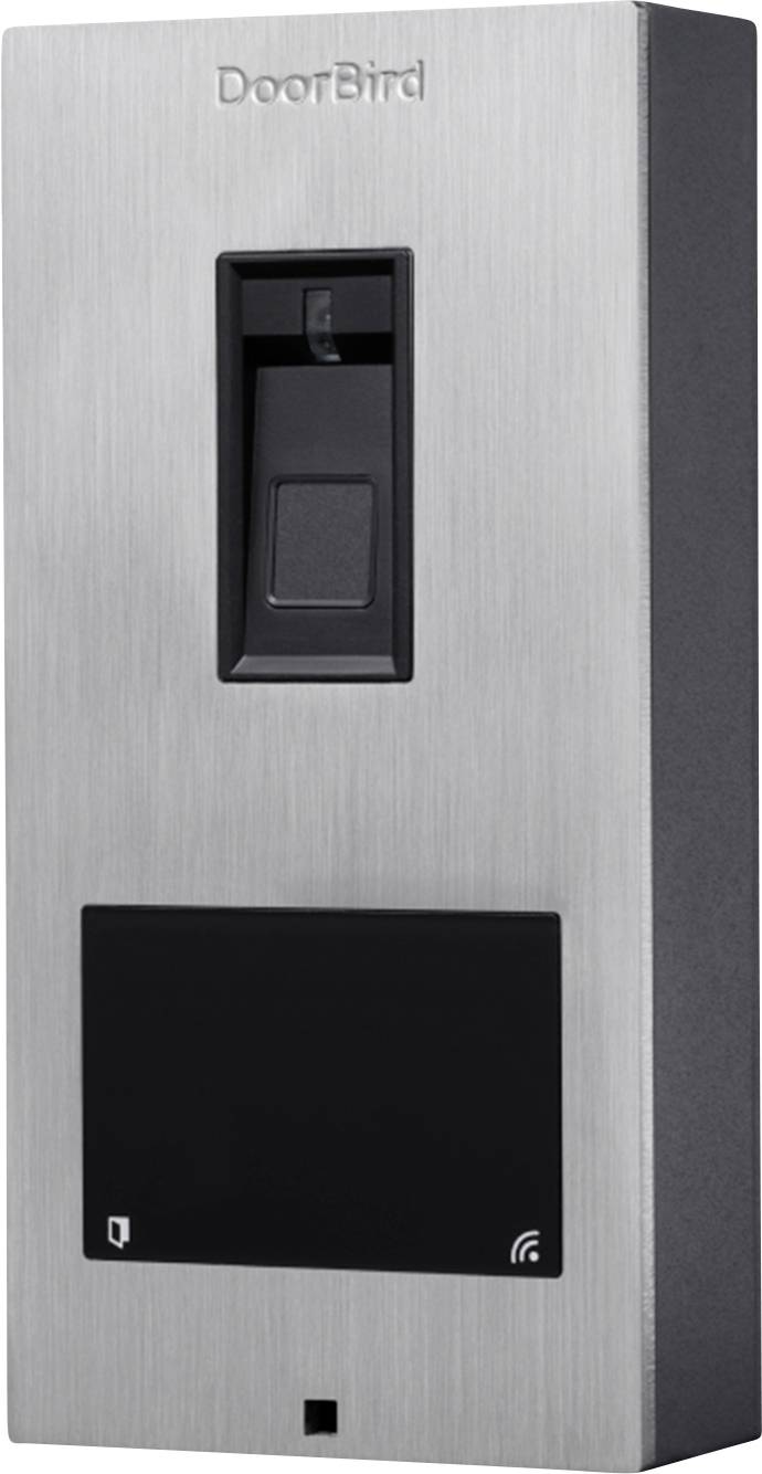 «Appareil métallique élégant doté d'une caméra, d'un haut-parleur et d'un petit voyant lumineux, étiqueté "DoorBird". Conçu pour la communication de porte intelligente.»