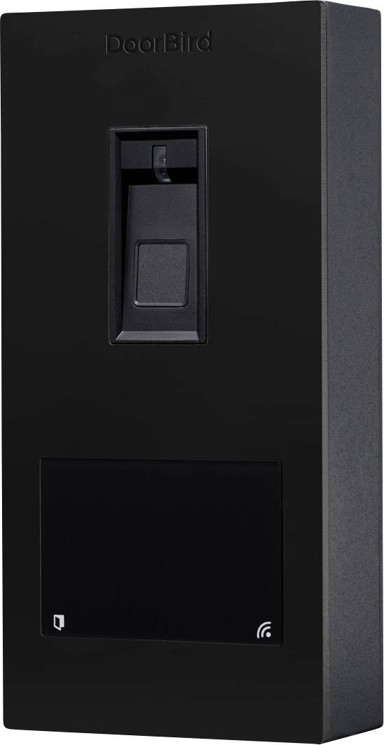 Un interphone DoorBird noir avec caméra et haut-parleur, doté d'un lecteur d'empreintes digitales et d'un indicateur de connectivité Wi-Fi en bas.