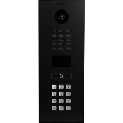 Un interphone vidéo noir avec caméra, haut-parleur et clavier numérique pour un accès sécurisé.