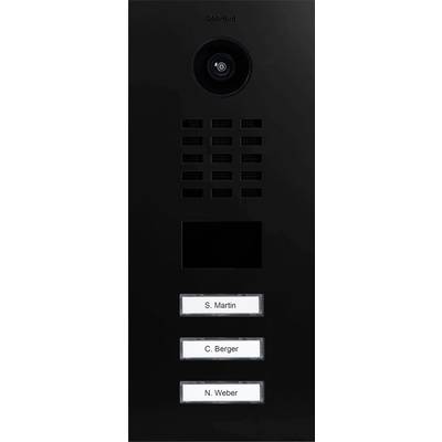'Panneau d'interphone DoorBird avec caméra et trois boutons étiquetés : S. Martin, C. Berger, N. Weber.'