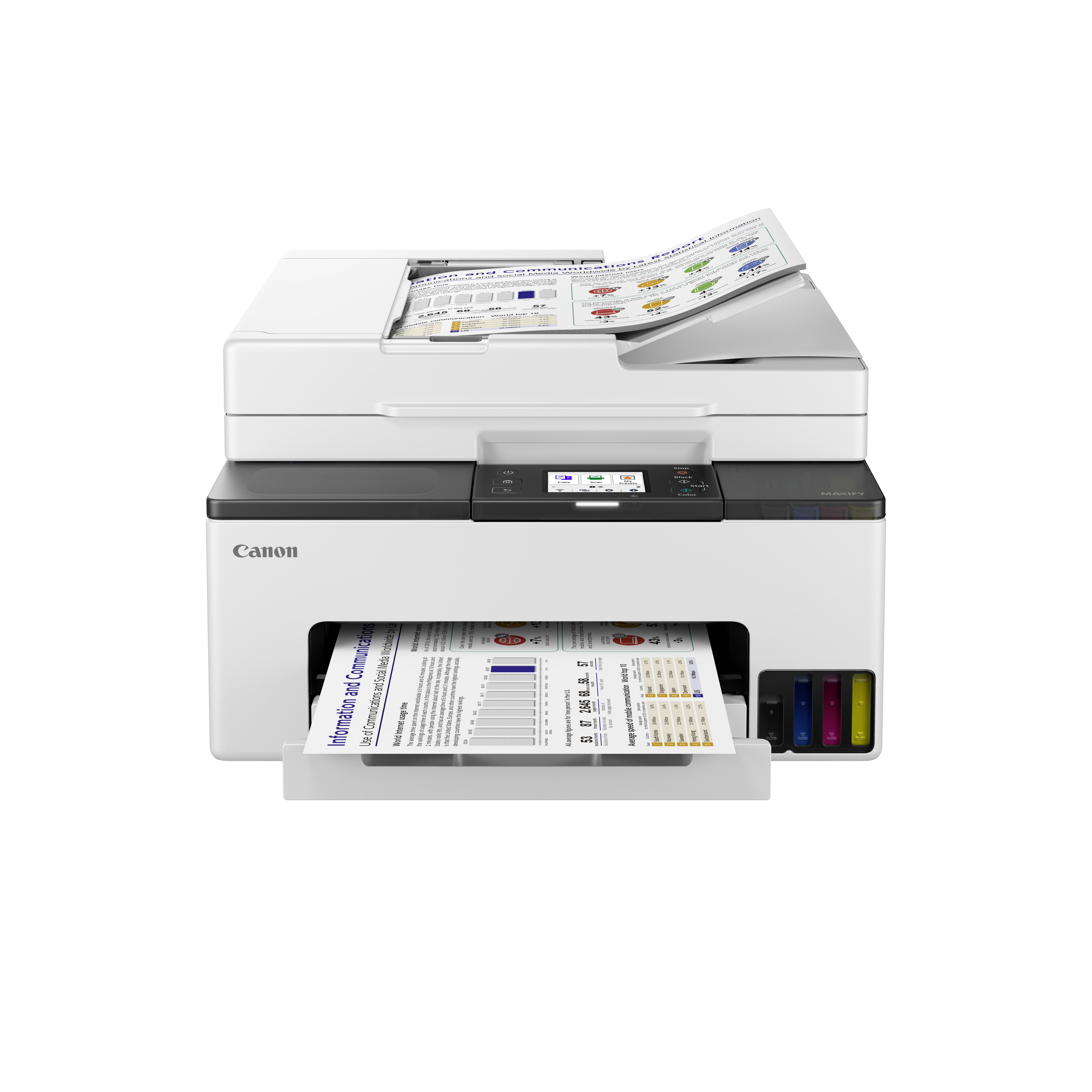 Une imprimante multifonction blanche avec un écran LCD, imprimant des documents en couleur ; elle possède des réservoirs d'encre visibles et un bac de sortie papier.