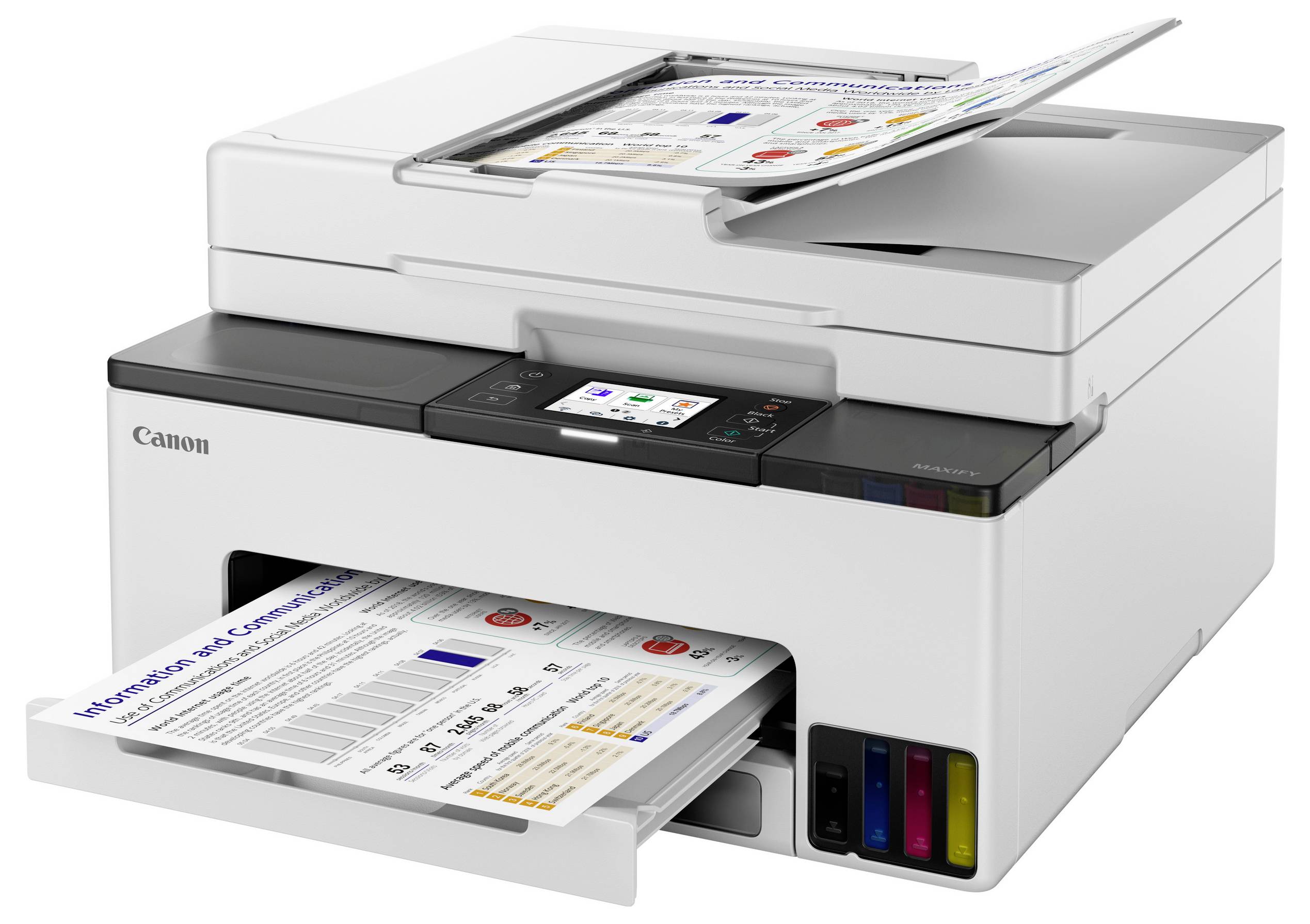 Une imprimante multifonction sur une surface blanche, avec des encres colorées visibles et des papiers en cours de numérisation et d'impression. L'écran affiche différentes options.