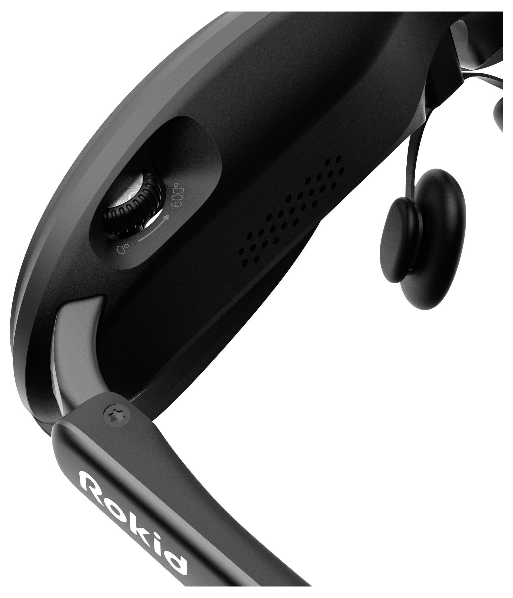 Lunettes intelligentes de marque 'Rokid', mettant en valeur un cadran réglable et un haut-parleur intégré, avec un accent sur le design élégant et la fonctionnalité.