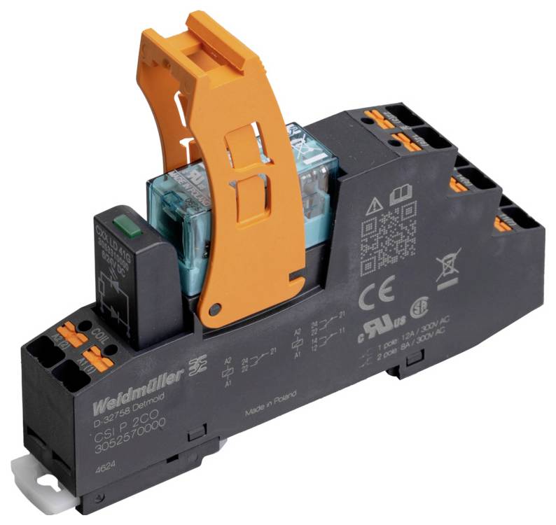 Module relais Weidmüller avec levier orange et couvercle de protection bleu, présentant les points de connexion et les spécifications techniques sur le côté.