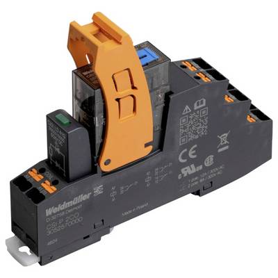 Module de relais Weidmüller D-SERIES CS 21 DCO 24VDC. Module de relais noir et orange avec étiquettes et points de connexion, utilisé dans les circuits électriques.
