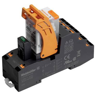 Module relais Weidmüller avec levier de verrouillage orange et base noire, doté de bornes de connexion et portant des certifications de sécurité.