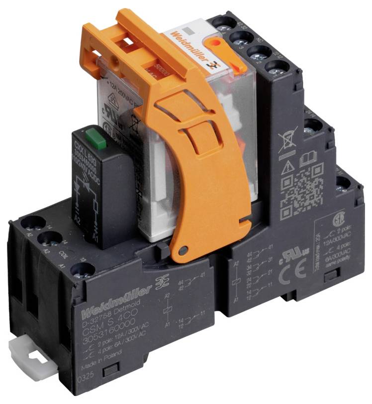 Module de relais électrique avec un levier orange, boîtier noir et plusieurs points de connexion, utilisé pour commander des circuits électriques.