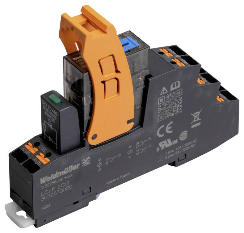 Un composant électronique Weidmüller, avec un levier orange sur un boîtier noir, comprenant plusieurs bornes électroniques et deux relais montés.