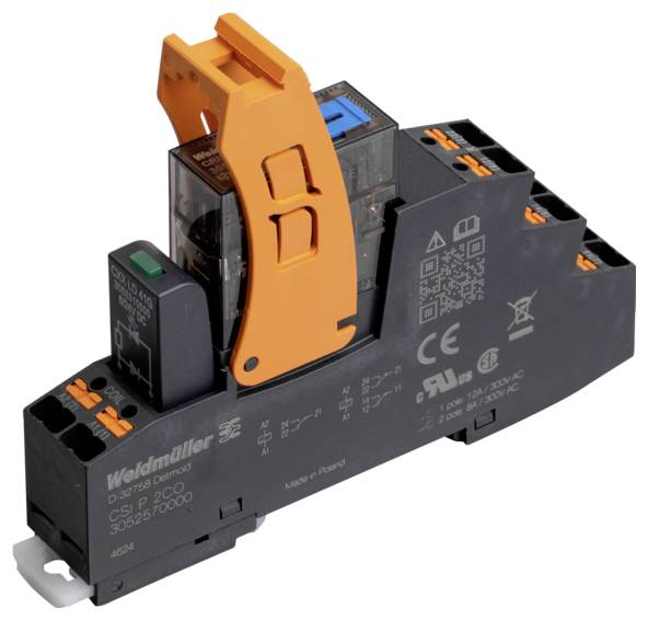 Un module relais Weidmüller noir avec des composants orange et bleu, un code QR et des spécifications électriques visibles, conçu pour un montage sur rail DIN.
