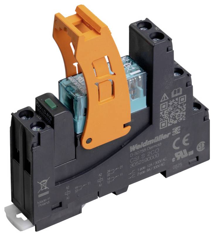 Un relais industriel de Weidmüller, doté d'un levier orange, d'un module bleu, et présentant diverses spécifications techniques et certifications sur le boîtier.