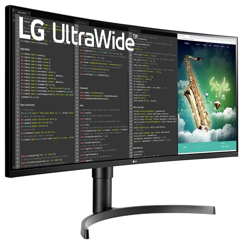 Moniteur incurvé LG UltraWide affichant un éditeur de code et un graphique d'un saxophone sur des nuages avec le mot 'Style'.